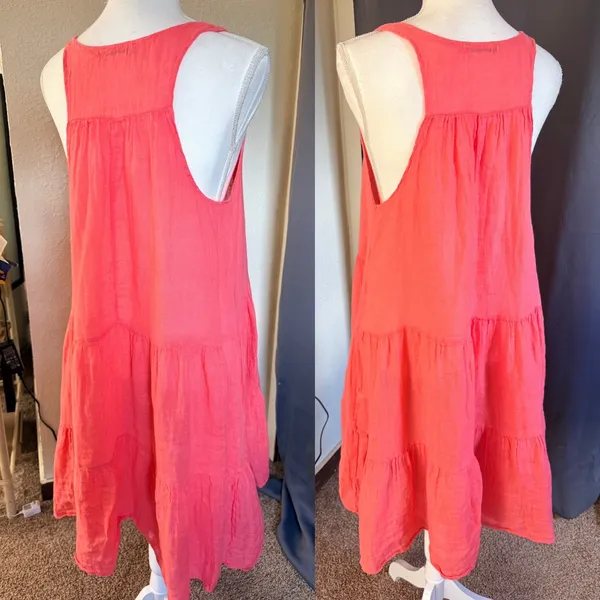 Tempo Paris Lagenlook Dress Womens XL Pink Linen Tiered Sleeveless Made Italy - Image 8