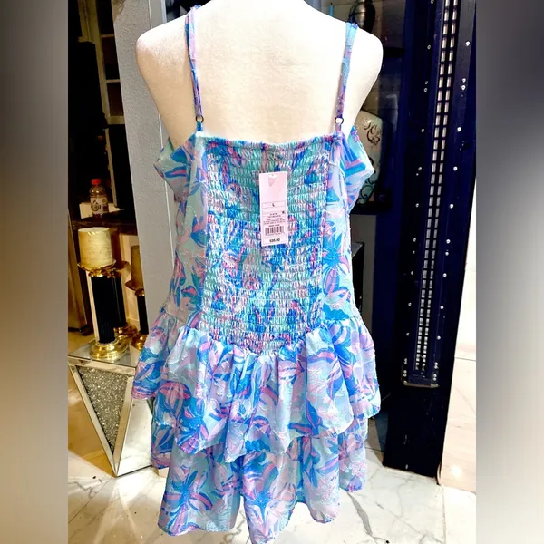 Wild Fable NWT Women’s Blue Floral Print Sweetheart Neck Mini Dress Size:Lrg - Image 4