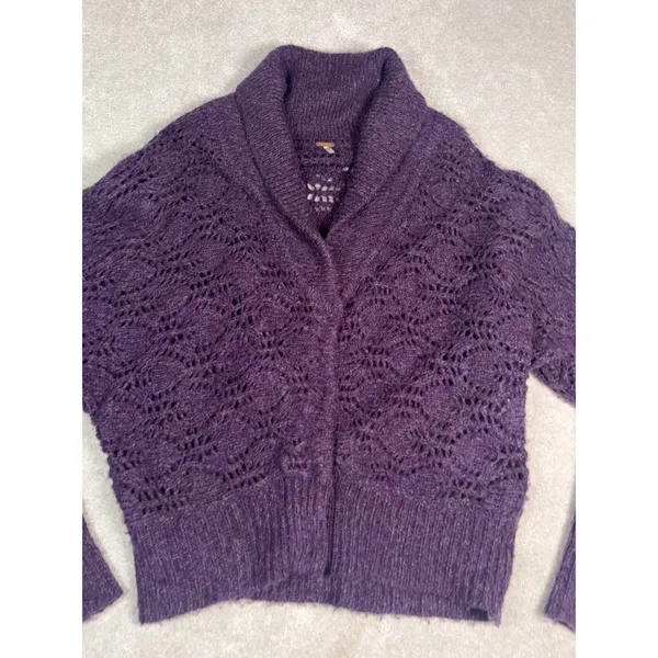 Free People Sweater Cardigan Wool Blend 4 Snap Purple Open Weave Chunky Knit M - Image 6