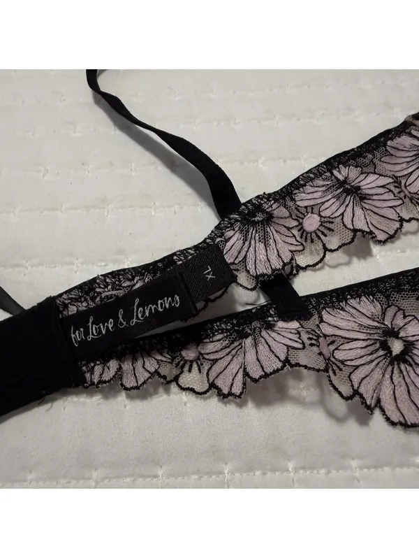 For Love and Lemons Coco Bra Unlined Floral Lace Black/Pink Bones Side Sz XL - Image 6