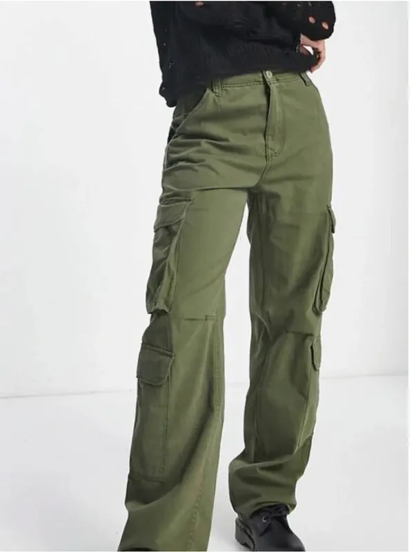 Bershka Olive Green Cargo Pants 4 Pockets Cotton Straight Multicargo Size 4 - Image 2