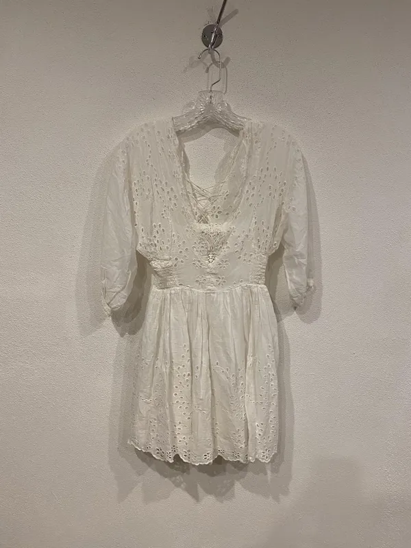 Free People Lottie Eyelet Dress Womens XS White Lace Mini Boho Embroidered - Image 2