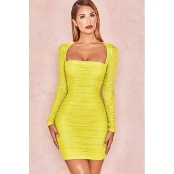 House of CB Valentina Yellow Long Sleeve Ruched Organza Mesh Mini Dress XS - Image 16