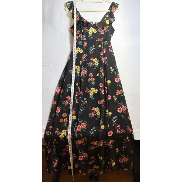 Forever 21 Contemporary Black Floral Maxi Dress Ruffle Tie Back Slit Small - Image 12