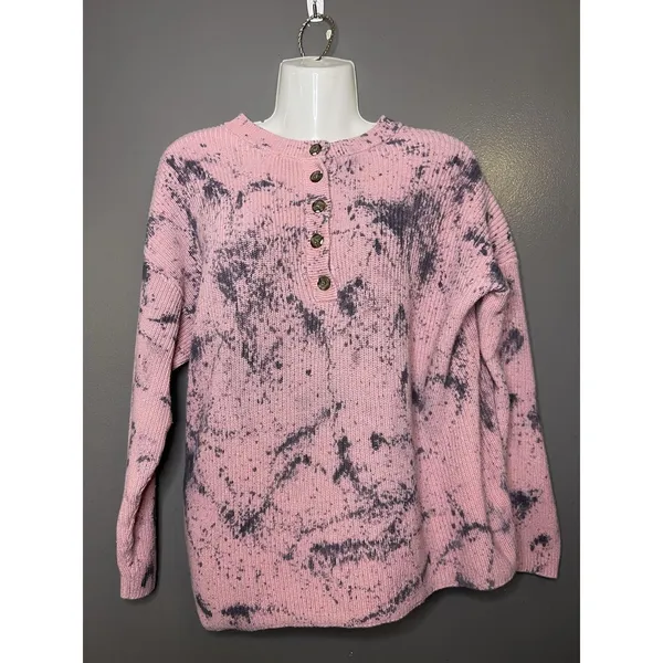 Aerie Sweater Womens Medium Pink Tie Dye Henley Crew Neck Knit Pullover Cozy - Image 2
