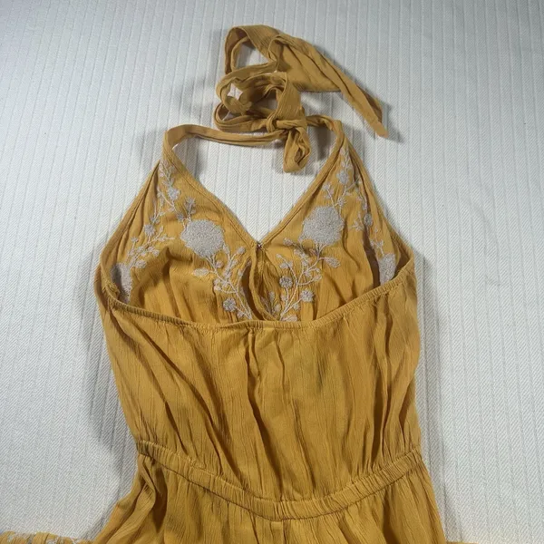 American Eagle Jumpsuit Small Yellow Embroidered Halter Wide Leg Boho Summer - Image 10
