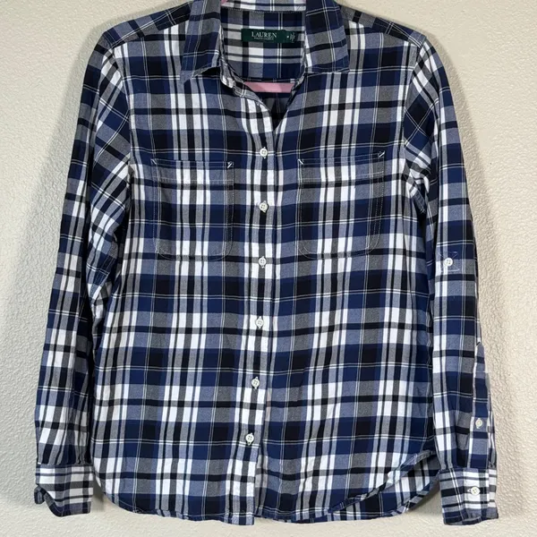 Lauren Ralph Lauren Blue Plaid Button Down Shirt Womens M Fall Preppy Classic - Image 10