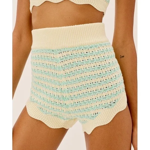 For Love & Lemons Lizzy Stripe Knit Shorts Bloomers Mint Scalloped High Waist M‎ - Image 2