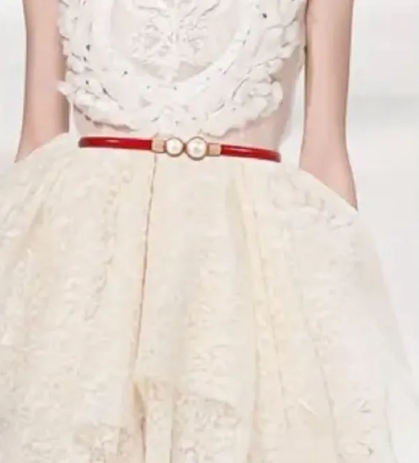 Red & gold pearl‎ belt Imitation Pearl Pair Buckle Thin Belt Monochrome Elastic - Image 11