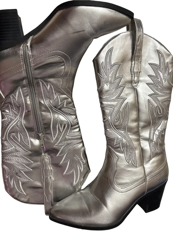 Altar'd State Metallic Silver Embroidered Western Boots - Image 2