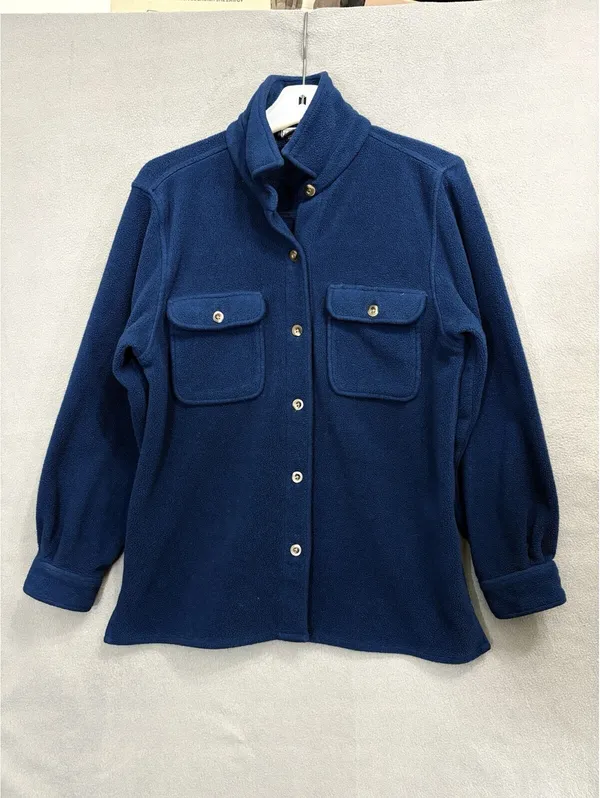 Lands' End Women’s S Blue Fleece Button Front Jacket Collared Pockets Short - Image 2
