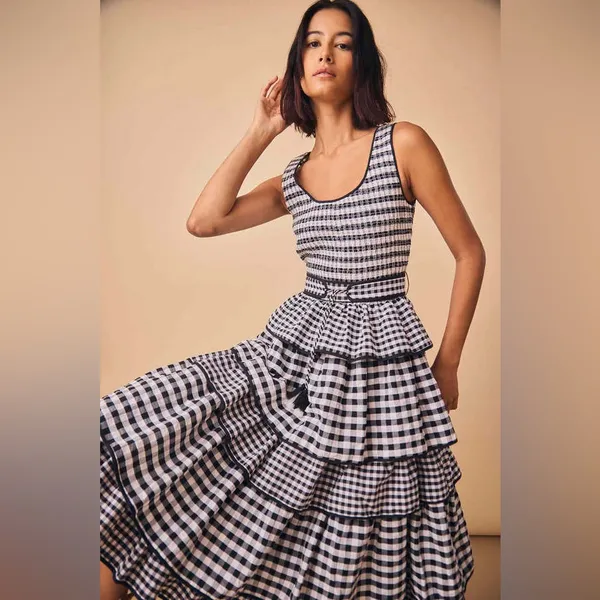 Hunter Bell Andrea Dress Black White Gingham Tiered Midi Size 6 NWT - Image 12