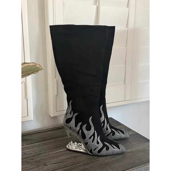 Others Follow Women Size 8 Wedge Heel Flame Rhinestone Point Toe Knee High Boot Fashion Trendy - Image 4