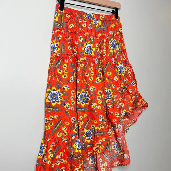 Joie Clarke Floral High Low Midi Skirt Salsa Orange Red Blue Yellow Size XS - Image 6