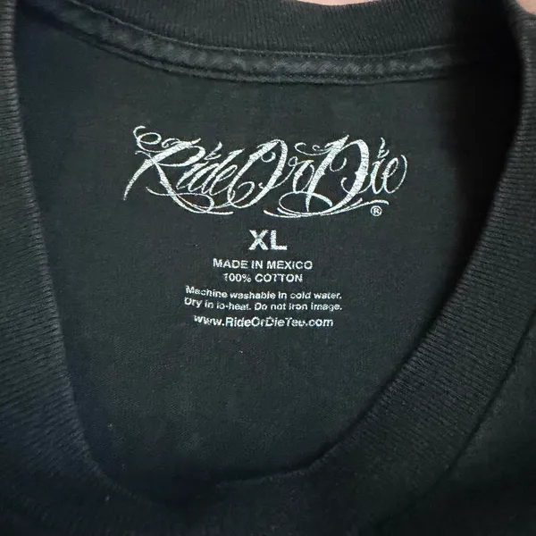 Ride or Die Bad to Bone Motorcycle Biker Black Graphic AOP Tee Tshirt Y2K DGA David Gonzales Skull Skeletons Baggy Oversize Sz XL - measurement in pics - Image 2
