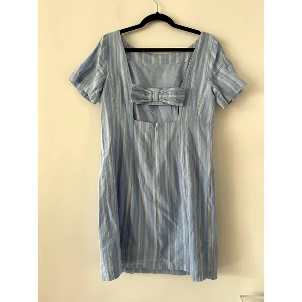 Anthropologie Bow Detail Cape May Linen Cotton Blue Stripe Mini Dress Size 8 - Image 5