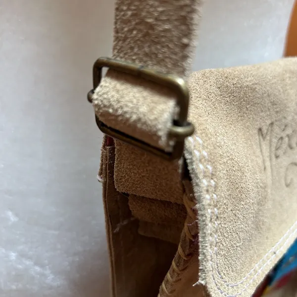 VTG Mexico Handmade Artisan Leather Suede Crossbody Purse Bag Retro Boho Tan - Image 4