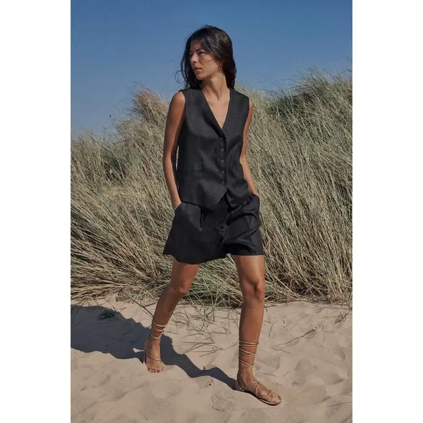 Zara Black Linen Blend High Waist Front Pleats Shorts Size Medium 8026/707 - Image 3