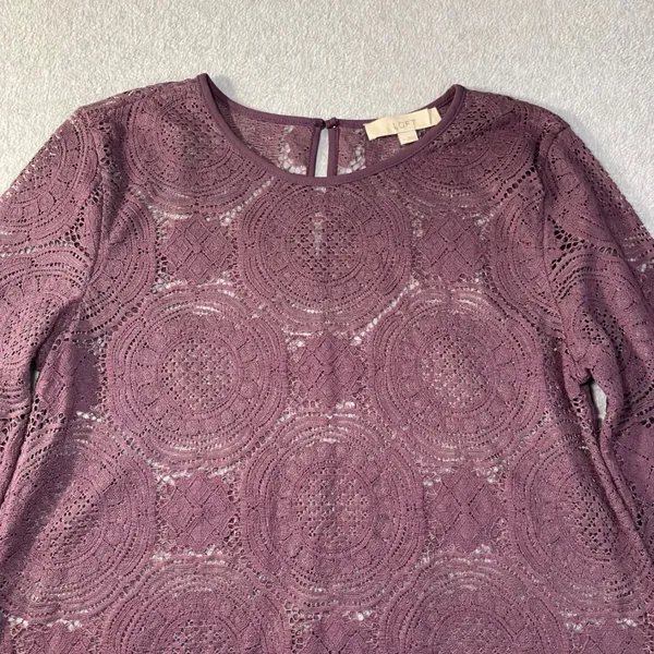 LOFT Lace Top Women Medium Plum Purple Medallion Crochet 3/4 Sleeve Boho EUC‎ - Image 3