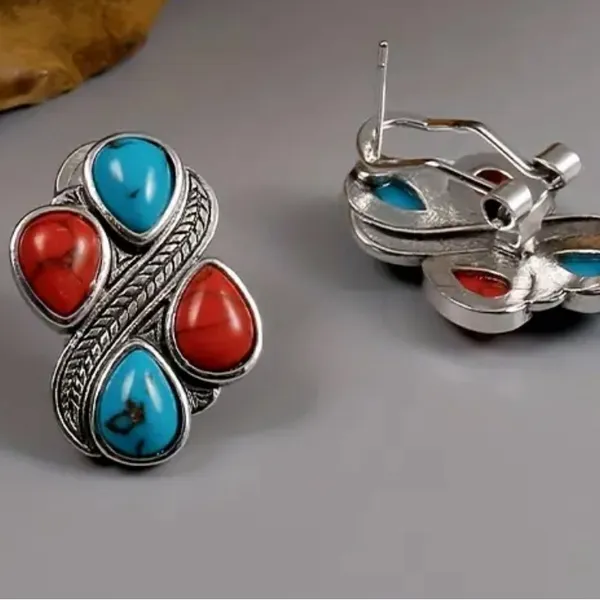 Vibrant Red & Blue Droplet Turquoise Stud Earrings - Image 2
