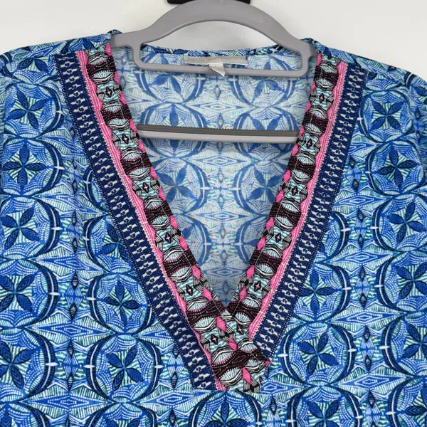 La Blanca Womens L Blue Print Tunic Swim Cover Up Beach Resort Top‎ V Neck - Image 3