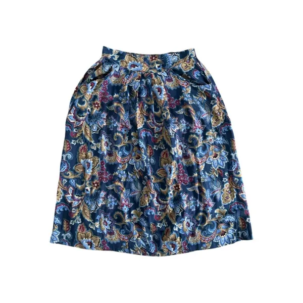 Vintage 80s Carriage Court Blue Paisley Floral Pleated Midi Skirt Medium Boho - Image 4