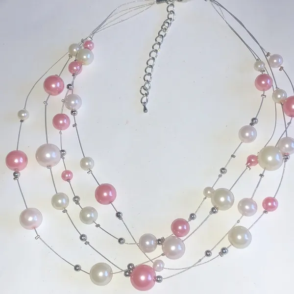 Silver Tone & White Pink Faux Pearl Beaded Boho Multi Strand Wire Necklace - Image 4
