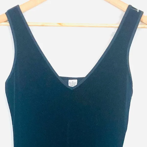 Vintage 90s minimalist stretch black velvet V-neck sleeveless midi dress. Small. - Image 3