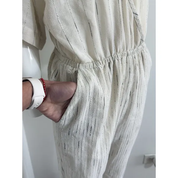Anthropologie Feather Bone Soleil Ivory Stripe Textured Jumpsuit Women’s Size S - Image 4