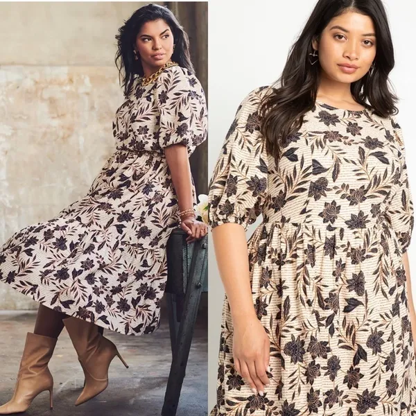 Eloquii Floral Puff Sleeve Midi Dress‎ in Cream Size 16 - Image 3