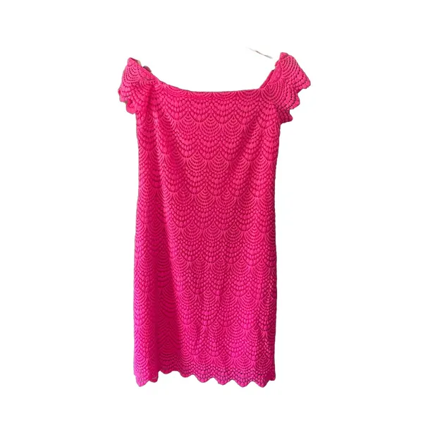 Lilly Pulitzer‎ Jade Pink Tropics scalloped shell lace dress Size S off shoulder - Image 2
