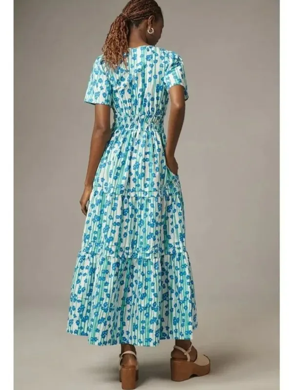 NWT Anthropologie Somerset Maxi in Blue Green Stripe Floral Cotton Tier Dress M - Image 3