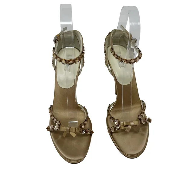 Prada Jeweled Satin Ankle Strap Heels Gold Bow Embellished Sandals 37 - Image 2