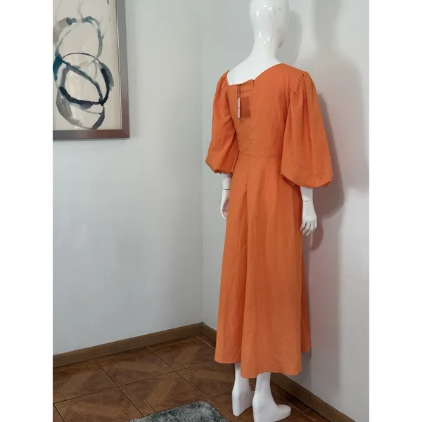 Showpo Rhyne Midi Dress Orange Asymmetric Puff Sleeve Side Cut Out A Line 12 NWT - Image 5