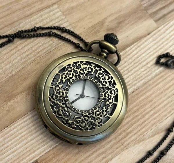 Brass Steampunk Filigree Pocket Watch and Link Chain Vintage Beautiful - Image 3