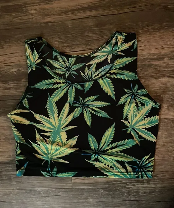 Weed Marijuana Pot Crop Top Tank Rave Shirt Black Green - Image 2