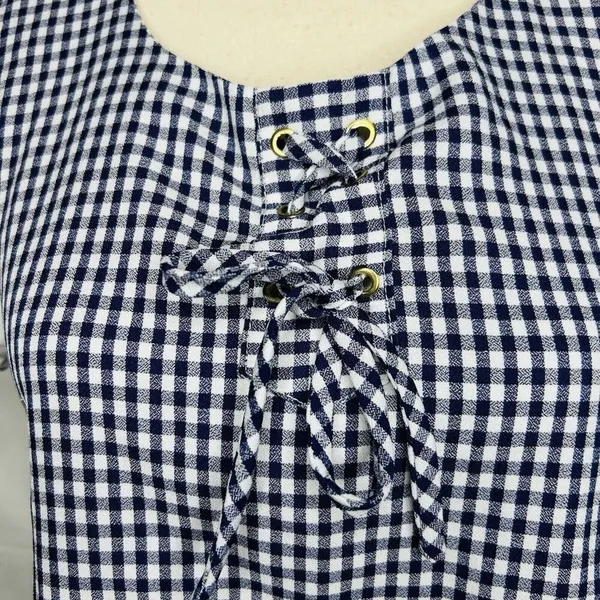 Zara Dress Size M Blue White Gingham Check Shift Short-Sleeve Tie Back - Image 4