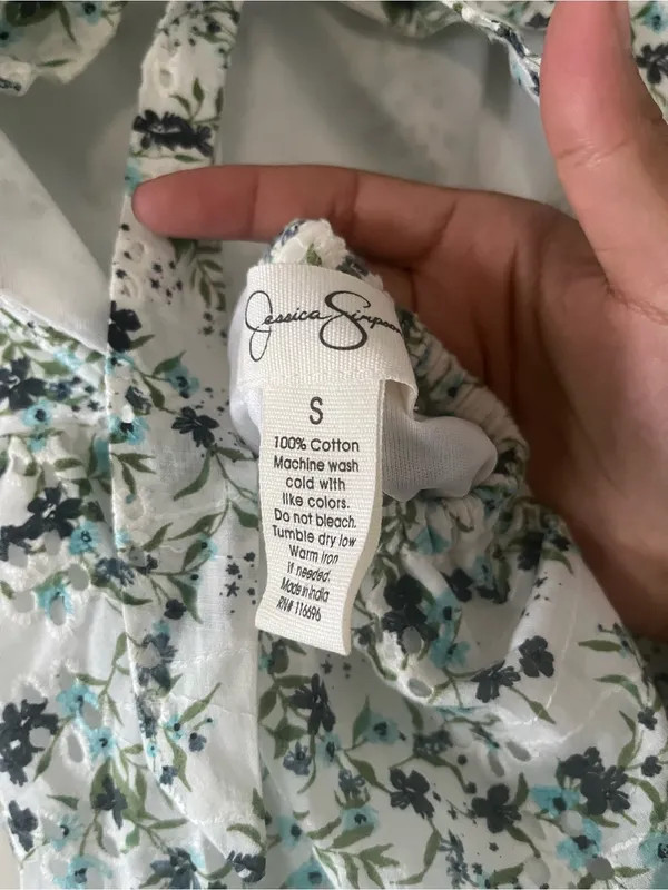 100% Cotton Green White Floral Puff Sleeve Mini Dress Small Cottagecore Romantic - Image 7