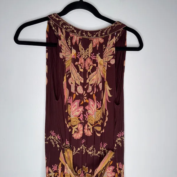 Farm Rio Maxi Dress Women Medium Burgundy Floral Tiered Beaded Tassel Boho - Image 10