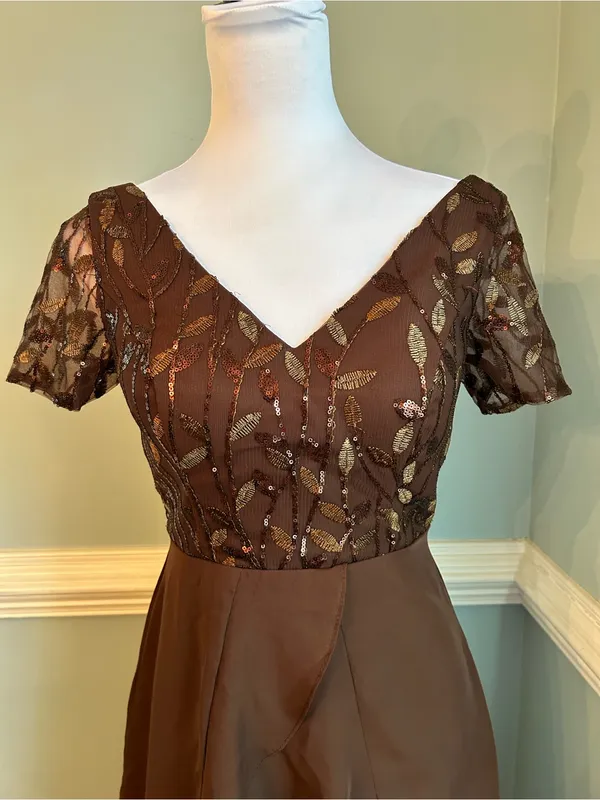 Elegant Brown V-Neck A-Line Dress - Image 2