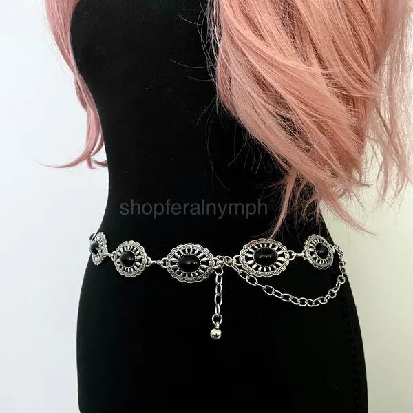 Silver Y2K Black Stone Concho Waist Chain Belt, Fits 24.5-38.5 Inches, X7GA1294 - Image 2