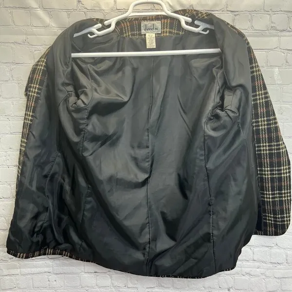 David N. Blazer Vintage Wool Plaid‎ Suede Trim Jacket Brown Black 10 Academia - Image 9