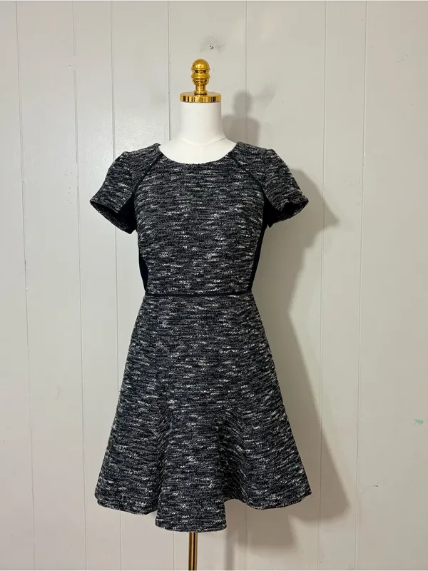 J.Crew Textured Tweed Fit & Flare Dress Black White Short Sleeve Size 2 - Image 3