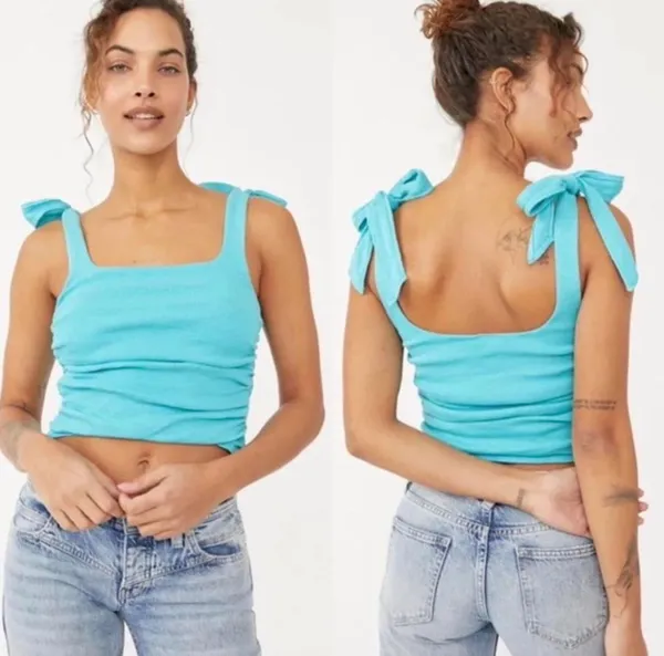 Free People Aqua Blue Tie Up Bow Tank Gathered Top Beachy Boho Size Medium - Image 2