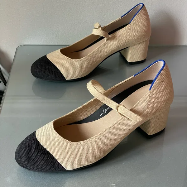Rothy’s Mary Jane Block Heel Pumps Beige Black Cap Toe Women’s Size 9 EU39 - Image 3