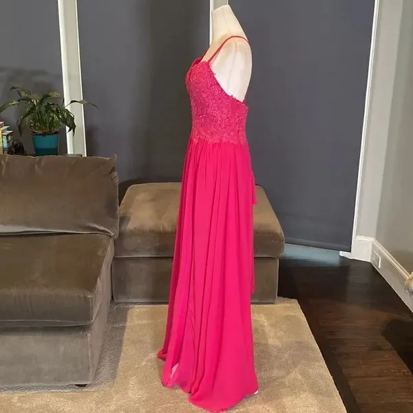 Women’s Pink Full Length Prom Party Dress Lace Appliqué Spaghetti Straps Size 8 - Image 5
