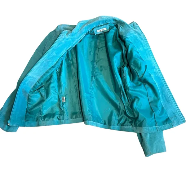 Vtg Yvonne Le Marie Teal Suede Genuine Leather Jacket Size 8 Zip up Lined - Image 7