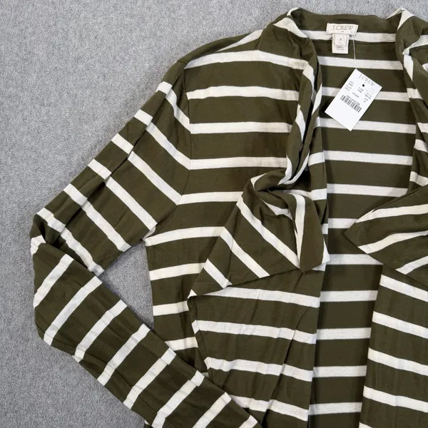 J.CREW Women's Medium Olive Green White Striped Open Drape Cardigan Cotton 68140 - Image 3