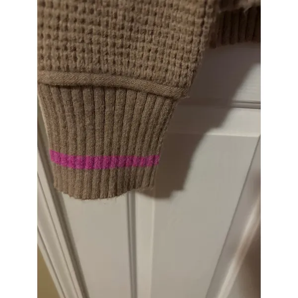 By Together Tan Waffle Knit Mock‎ Neck Sweater Hot Pink Trim Womens Small - Image 2