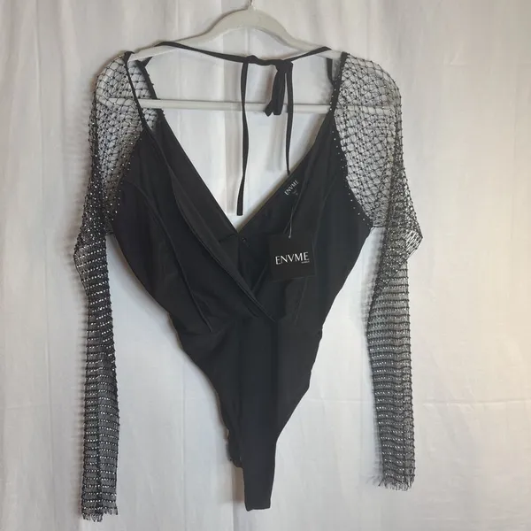 ENVME BLACK STRETCH RHINESTONE MESH BODYSUIT SNAP CROTCH Size Small NWT - Image 14